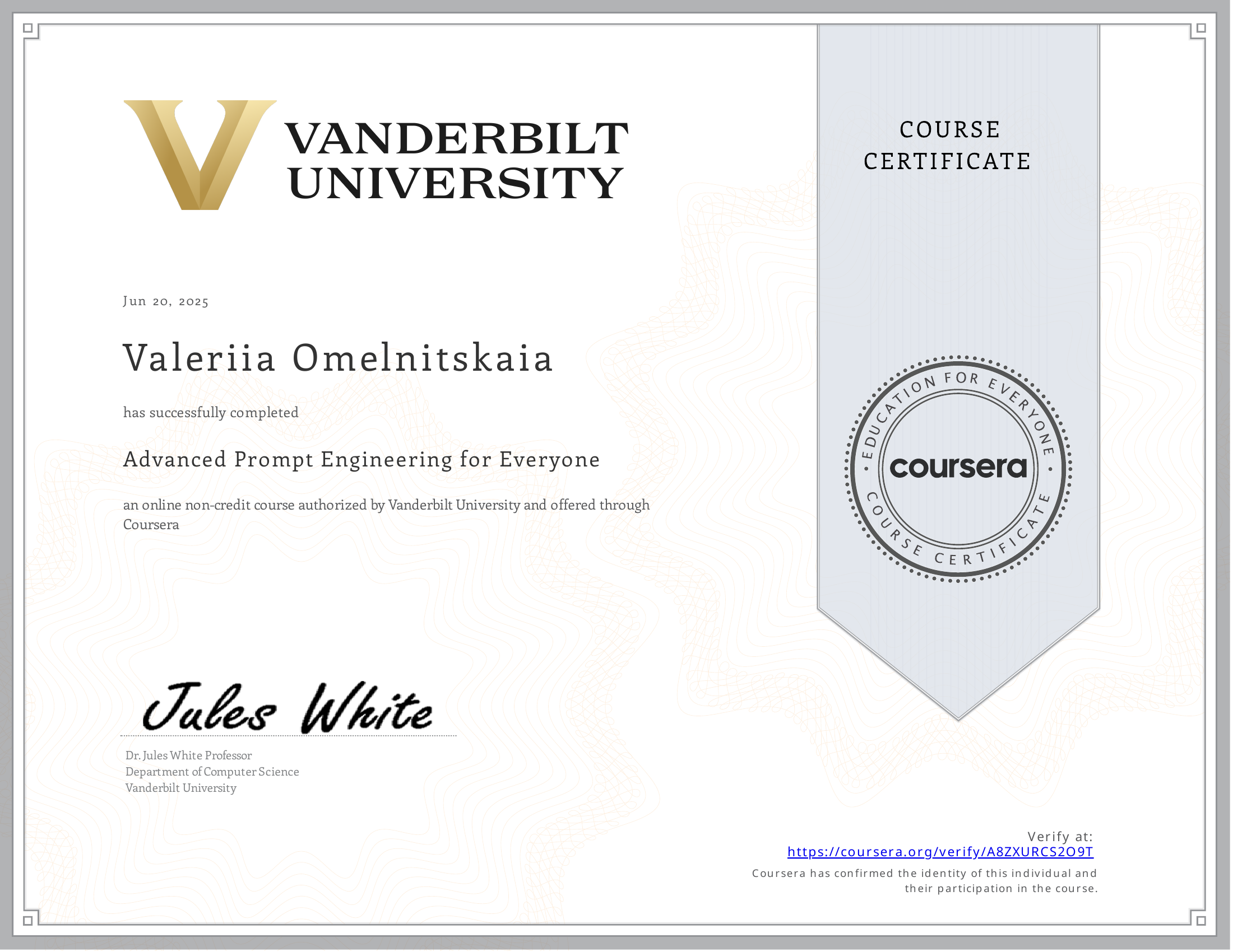 Сертификат Advanced Prompt Engineering — Coursera