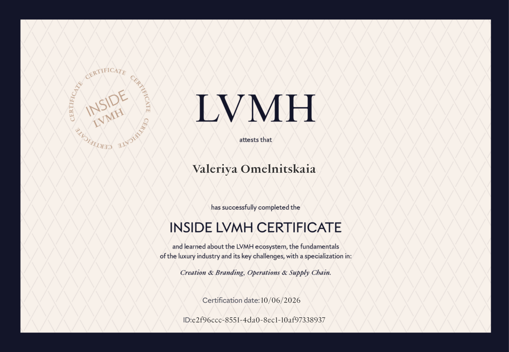 Сертификат INSIDE LVMH Certificate — INSIDE LVMH